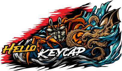 Dynamic crab and octopus battling in stormy seas, vibrant artwork for adventurous spirits