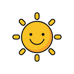 Happy Sun Icon. A cheerful yellow celestial body with a warm smile, emanating bright light. Represents joy, good weather, and a positive outlook on life.