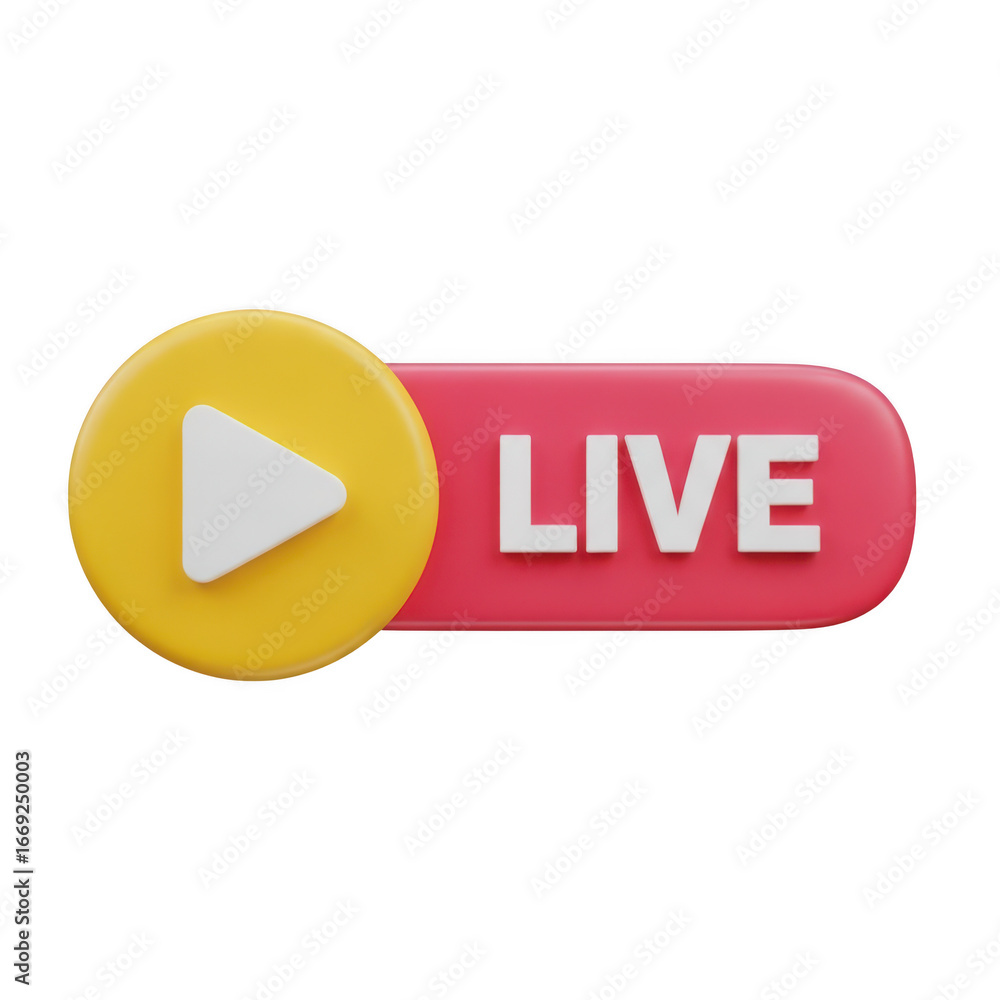 Aufkleber 3d icon of 3d button with a yellow circle and play icon next to a pink rectangle with the word live,