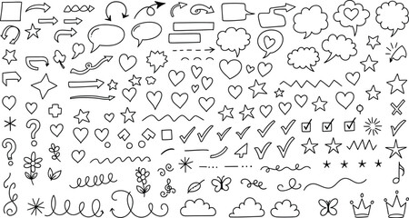 Vector doodle elements set hand drawn sketch drawing arrows hearts stars