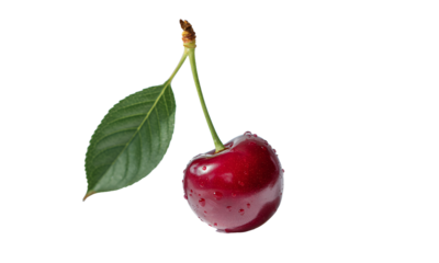 A single cherry with a stem and leaf, fresh and isolated on a white surface.