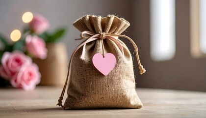 Burlap Gift Bag on Wooden Table, Indoor Setting