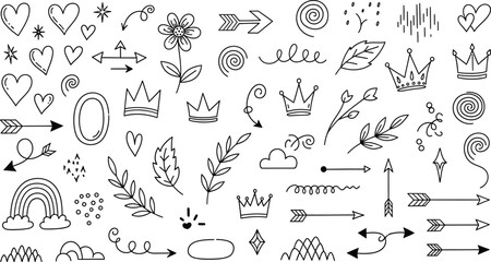 Vector doodle elements hearts arrows flowers crowns leaves swirls rainbows