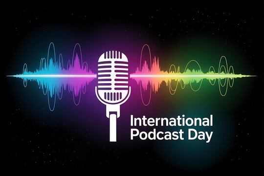 Celebrate International Podcast Day with vibrant audio waves, perfect for promoting your show or sharing podcasting excitement and engaging with your audience
