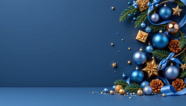 Joyful blue and gold christmas decorations festive home setting holiday content elegant environment close-up view seasonal cheer