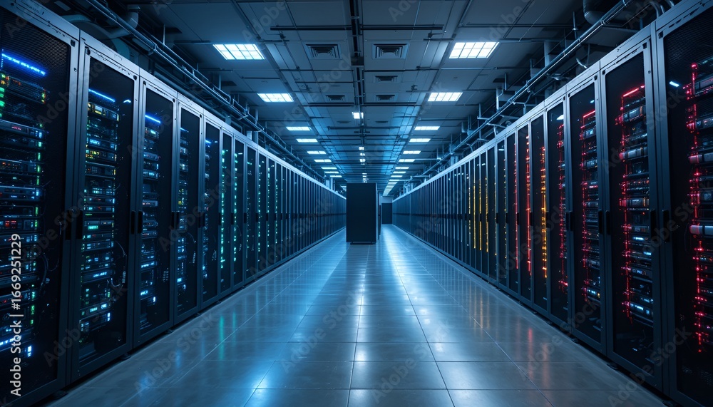 Poster a symmetrical view showcases server racks, illuminated with cool blue tones in a data center aisle.