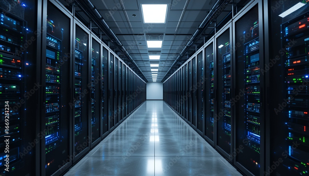 Poster illuminated data center hallway displaying rows of servers creating a sense of technological power