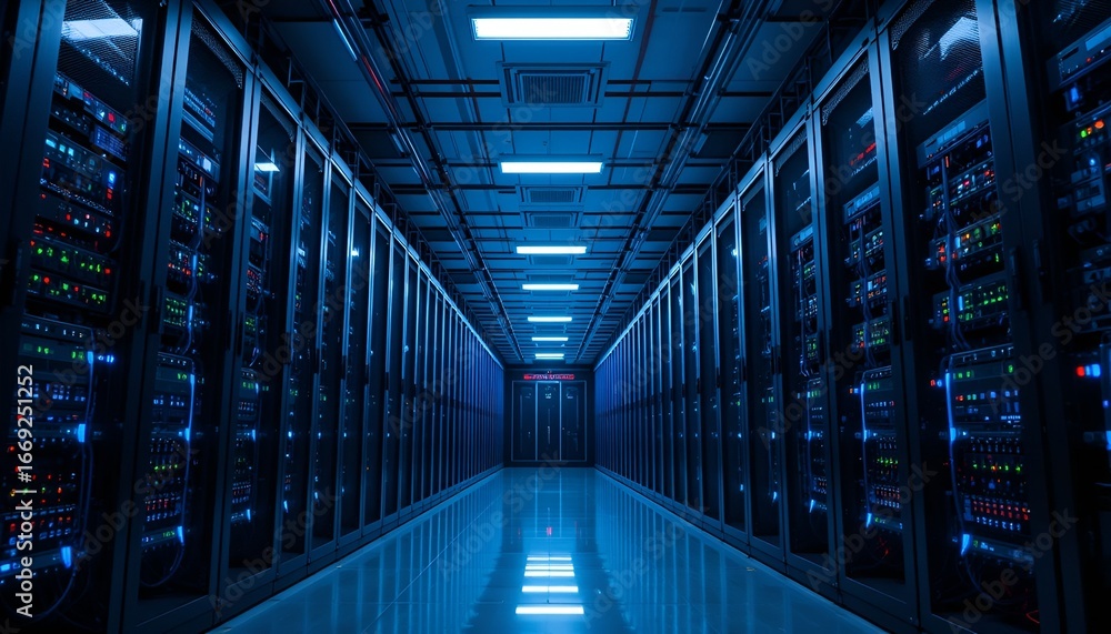 Poster a long, symmetrical view down a row of data servers in a dimly lit, modern data center.