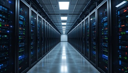 Fototapeta premium Illuminated data center hallway displaying rows of servers creating a sense of technological power