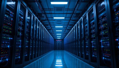 Obraz premium A long, symmetrical view down a row of data servers in a dimly lit, modern data center.