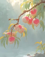 Ripe Peaches on Branch with Dripping Water in Soft Sunlight