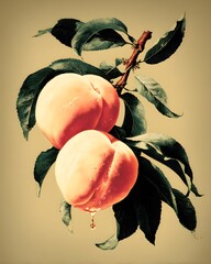 Close-up of Fresh Ripe Peaches on a Branch with Green Leaves and Water Droplets, One Dripping Juice
