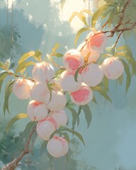 Fresh Pastel Peaches Growing on a Tree Branch Illuminated by Soft Sunlight