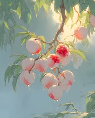 Fresh peaches with water droplets on a tree branch, illuminated by bright sunlight and green leaves
