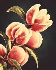 Close-up of Fresh Ripe Peaches on a Branch with Glistening Water Droplets Against a Dark Background