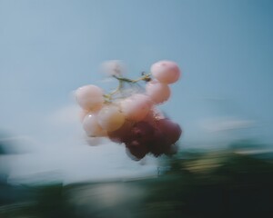 Artistic Abstract Grapes in Water with Motion Blur, Dreamy Pink and Red Hues on Blue Background