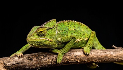 Fototapeta premium Green Chameleon on Branch: A Close-Up Study