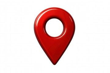 Shiny red location pin indicating precise coordinates on a transparent background, ideal for travel and navigation apps