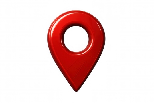 Shiny red location pin indicating precise coordinates on a transparent background, ideal for travel and navigation apps
