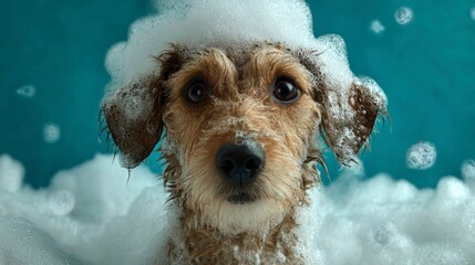 Dog bathed in bubbles