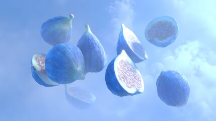 Fresh Blue Figs, Whole and Sliced, Floating Ethereally in a Dreamy Light Blue Sky with Soft Clouds