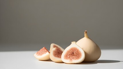 Fresh white figs, whole and sliced, displaying vibrant reddish-pink flesh on a clean white surface with natural light and shadows.