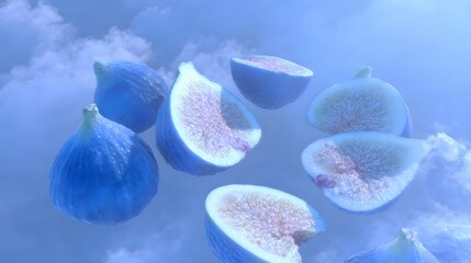 Exotic blue figs, whole and sliced, floating in a surreal cloudy sky.
