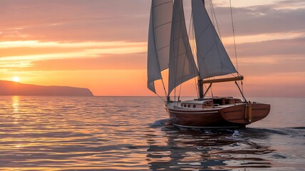 Serene sailboat gliding across calm waters during a vibrant sunset sky