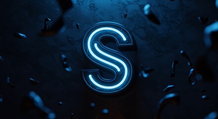 Neon blue letter "S" against a dark, textured background with water droplets.