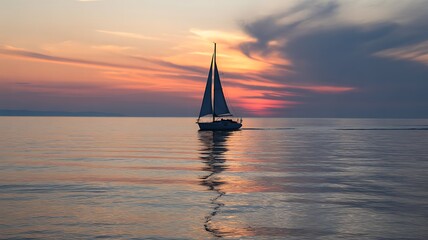 Fototapeta premium Majestic sailboat glides across calm water during vibrant sunset sky
