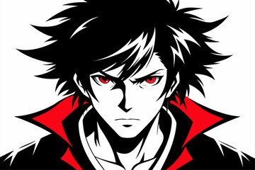 Minimalist black and white vector illustration of an anime boy silhouette with messy hair and sharp features. Perfect for manga