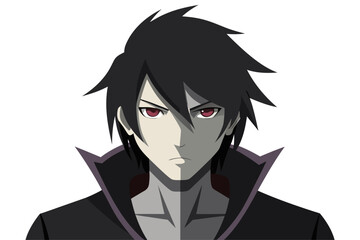 Minimalist black and white vector illustration of an anime boy silhouette with messy hair and sharp features. Perfect for manga