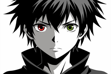 Minimalist black and white vector illustration of an anime boy silhouette with messy hair and sharp features. Perfect for manga