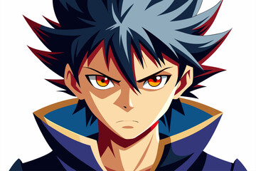 Minimalist black and white vector illustration of an anime boy silhouette with messy hair and sharp features. Perfect for manga