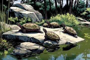 Multiple Turtles Basking on Rocks by Green Pond Edge with Forest in the Background - Nature Illustration