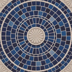 Naklejka premium A vibrant radial pattern of blue glass tiles creates a mesmerizing tunnel of mosaic art, a kaleidoscopic design of endless circles and textures