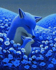 Peaceful Blue Fox Mother and Cub Nuzzling in a Stylized Flower Field