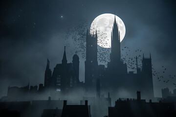 Eerie gothic cityscape under a full moon with swirling bats and mystic fog creates a chillingly atmospheric scene