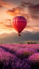 Fototapeta premium Hot air balloon soaring over vibrant lavender fields at sunset