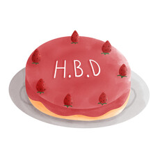 Strawberry birthday cake with HBD text illustration