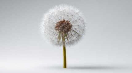 Obraz premium Seed head of a mature dandelion, center focus, on soft gray background