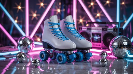Retro roller skates with blue laces and wheels sit in front of a vibrant neon light display and vintage boombox