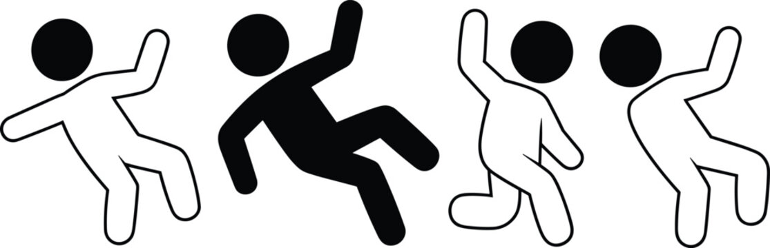 Flat vector illustration, dynamic human figures, falling motion, jumping poses, active movement, silhouette icons, safety signage, motion graphics, body action, activity symbols