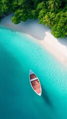 Obraz premium Serene tropical beach with a lone boat on turquoise waters