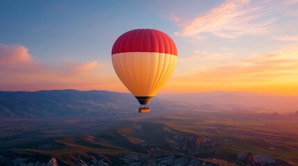 Obraz premium Hot air balloon soaring over a scenic landscape at sunset