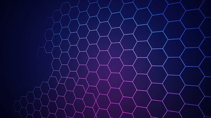Abstract futuristic digital network of glowing hexagonal cells creating a dark blue and purple gradient background with a sense of depth