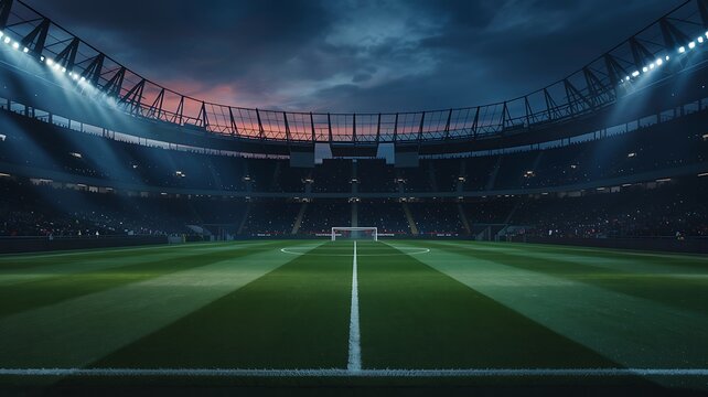 Immersive view of a brightly lit football stadium at dusk with dramatic clouds and empty green pitch ready for a match