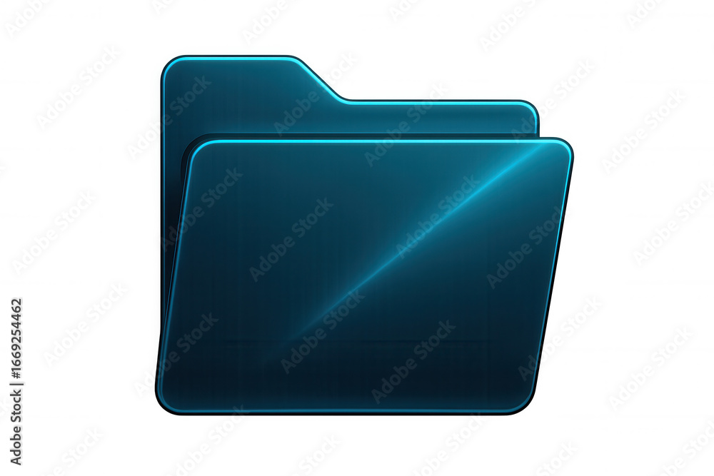 Poster gleaming blue folder icon reflecting light, transparent backdrop highlighting digital interface elem