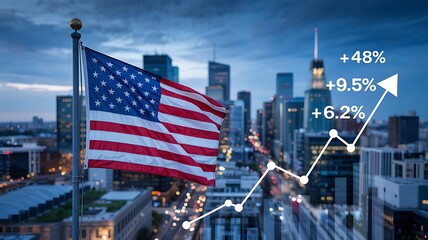 American flag waving in front of a city skyline with a rising financial graph indicating economic growth and success