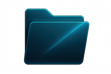Gleaming blue folder icon reflecting light, transparent backdrop highlighting digital interface element